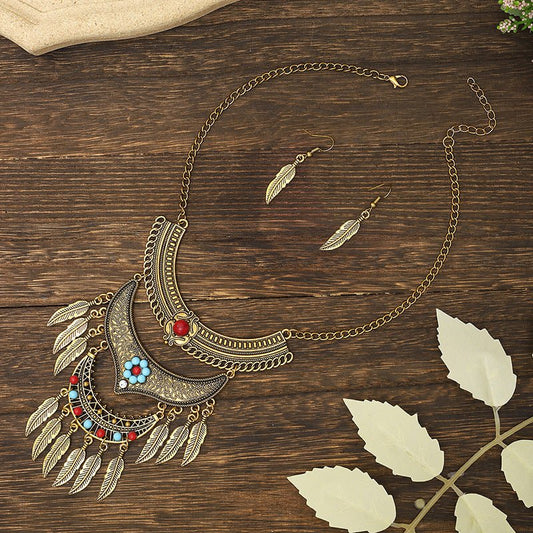 Women's European And American Retro Multi - layer Alloy Tassel Leaves Necklace And Earrings Set - PratSN