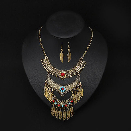 Women's European And American Retro Multi - layer Alloy Tassel Leaves Necklace And Earrings Set - PratSN