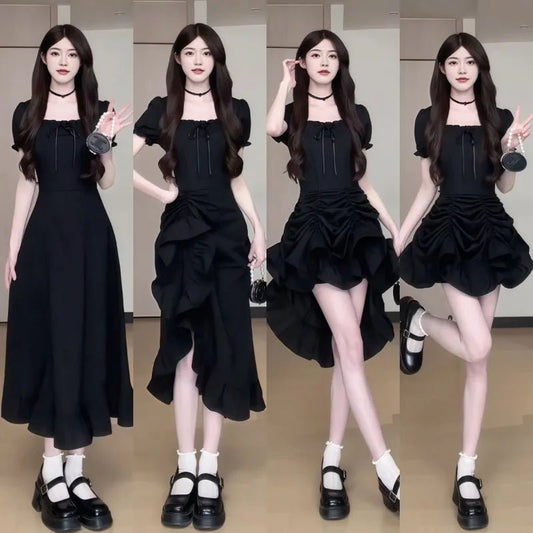 Women's Fashion 1 Dress Four Wear Method Lady Graceful Retro Square Collar Short Sleeve Black Dresses 2025 New Dinner Party Gown - PratSN