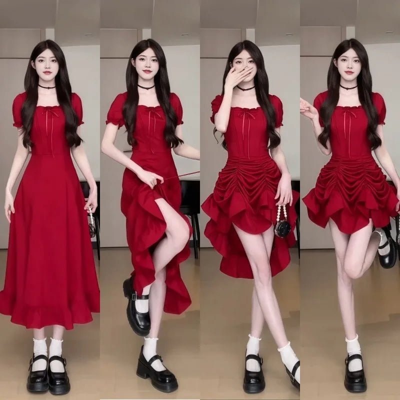 Women's Fashion 1 Dress Four Wear Method Lady Graceful Retro Square Collar Short Sleeve Black Dresses 2025 New Dinner Party Gown - PratSN