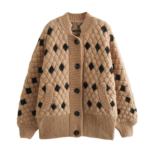 women's Fashion Diamond Lattice Long Sleeve Knitted Double Breasted Cardigan - PratSN