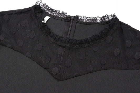 Women's Fashion Dot Mesh Stitching Elastic Waist - tightening Sheath Long Sleeve Dress - PratSN