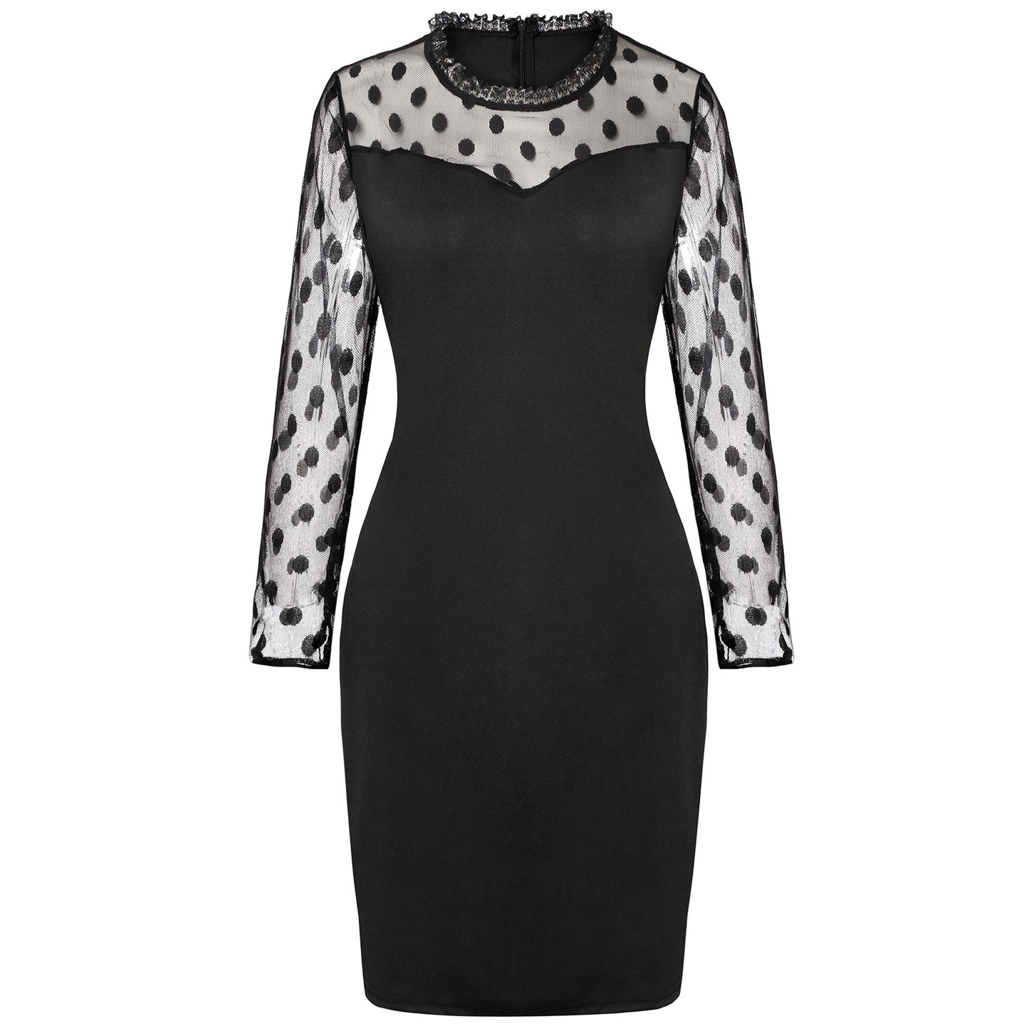 Women's Fashion Dot Mesh Stitching Elastic Waist - tightening Sheath Long Sleeve Dress - PratSN