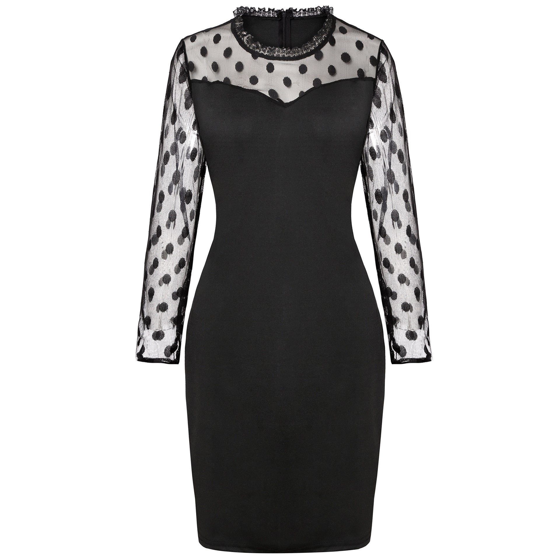 Women's Fashion Dot Mesh Stitching Elastic Waist - tightening Sheath Long Sleeve Dress - PratSN