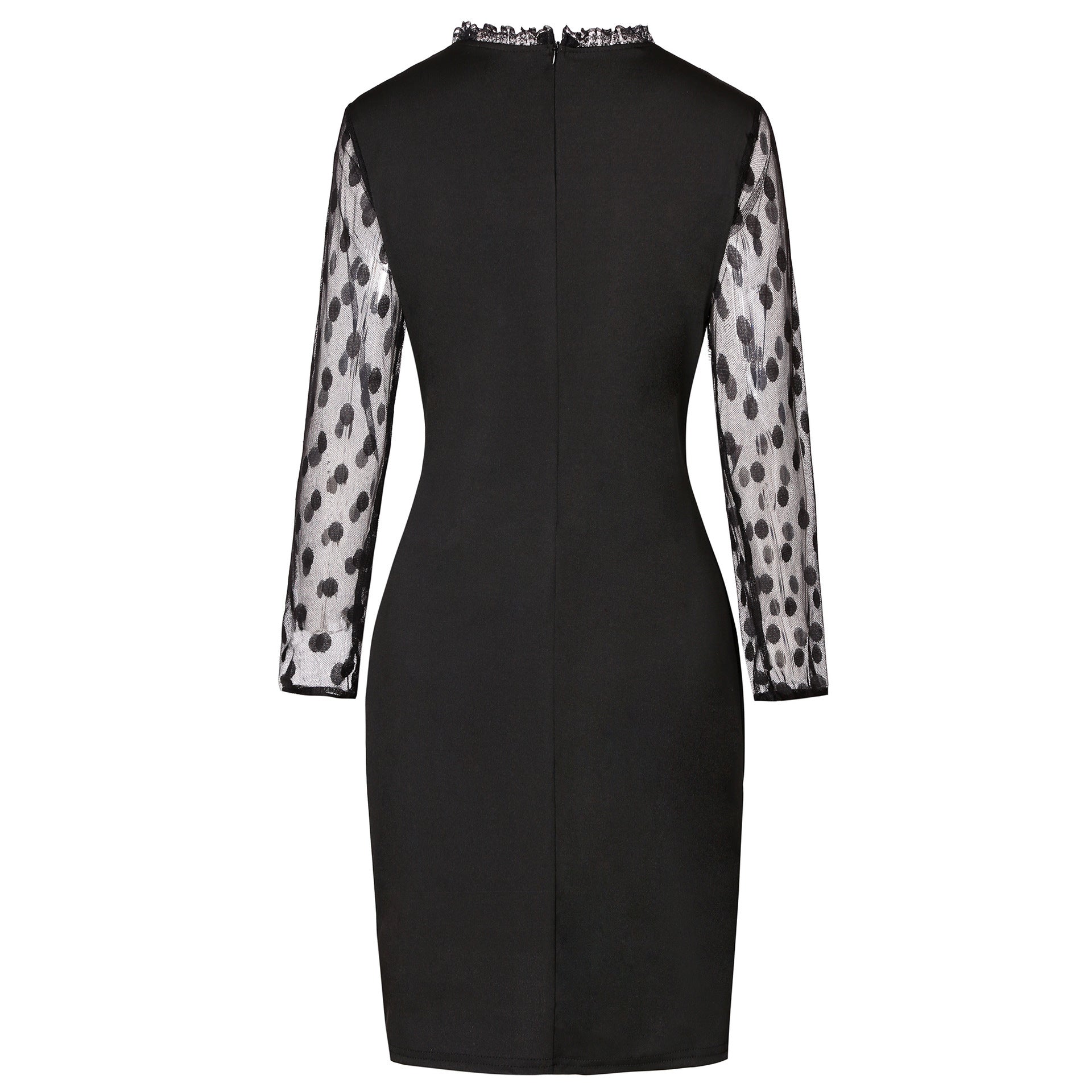 Women's Fashion Dot Mesh Stitching Elastic Waist - tightening Sheath Long Sleeve Dress - PratSN