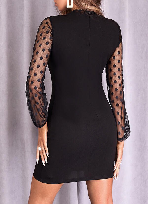 Women's Fashion Dot Mesh Stitching Elastic Waist - tightening Sheath Long Sleeve Dress - PratSN