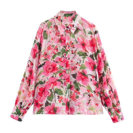 Women's Fashion Flower Print Long Sleeve Loose Casual Shirt - PratSN