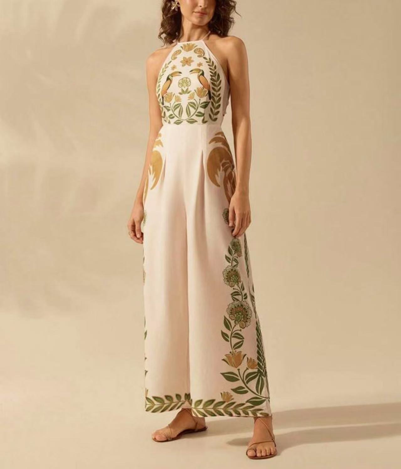 Women's Fashion Printed Sleeveless Halter Wide Leg Jumpsuit - PratSN
