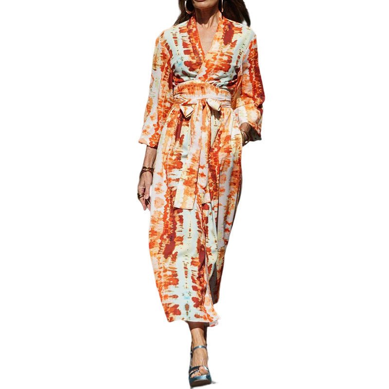 Women's Fashion Printed V - neck Belt Midi Dress - PratSN
