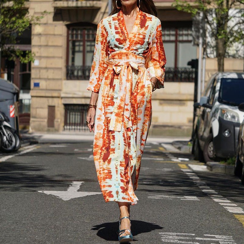Women's Fashion Printed V - neck Belt Midi Dress - PratSN