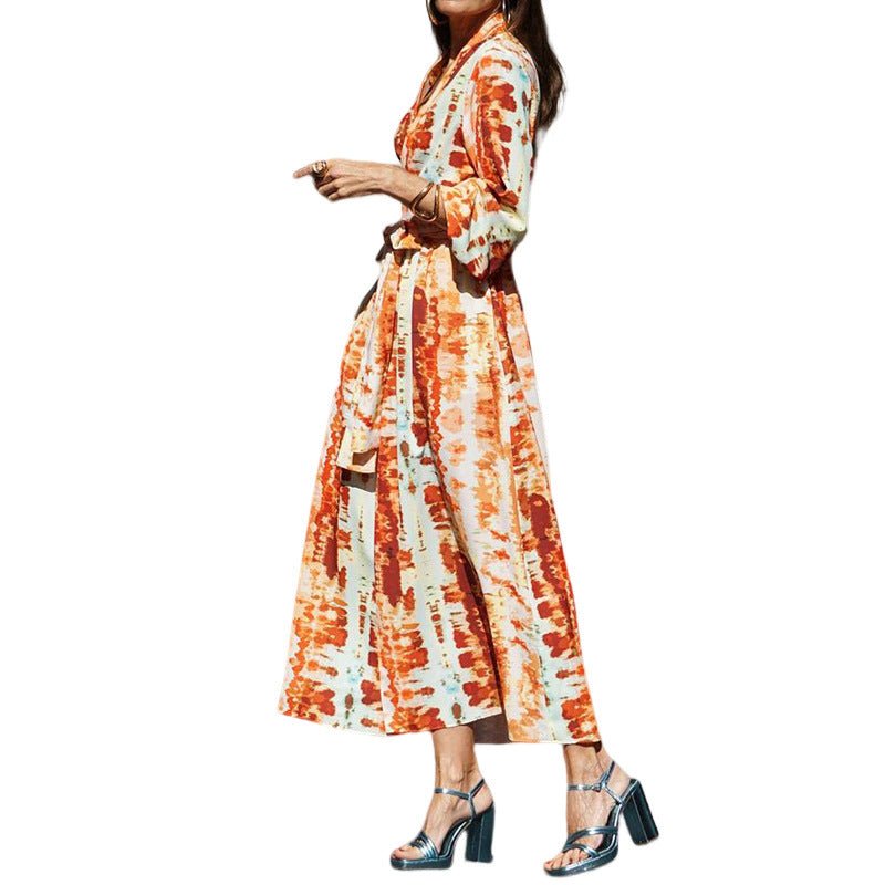 Women's Fashion Printed V - neck Belt Midi Dress - PratSN