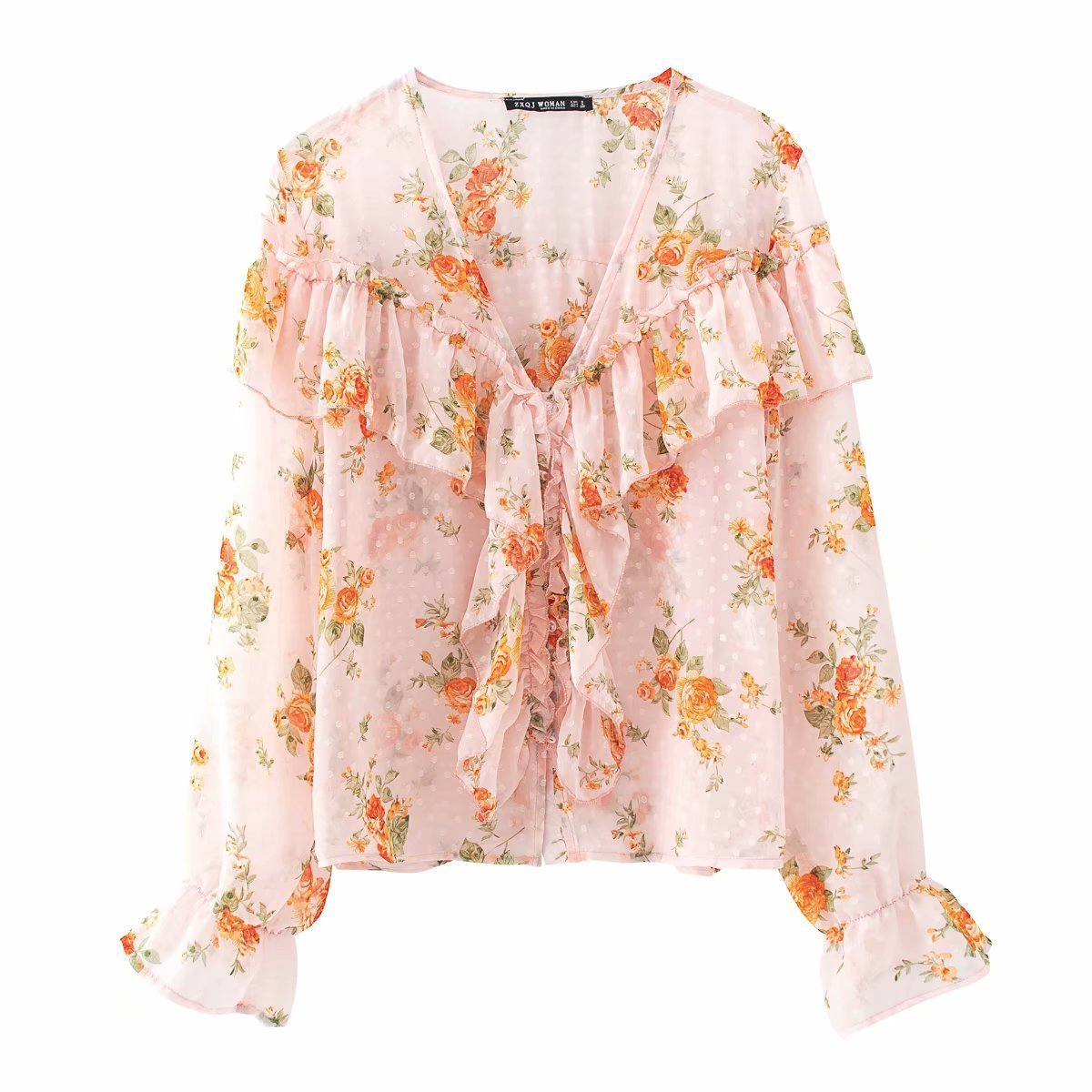 Women's Fashion ruffled printed chiffon shirt - PratSN
