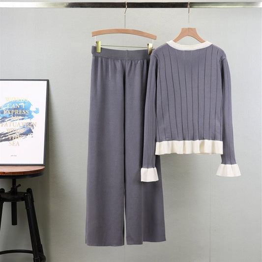 Women's Fashion Sweater Wide - leg Pants Flared Long - sleeved Knitted Cardigan Suit Women's Fashion Sweater Wide - leg Pants - PratSN
