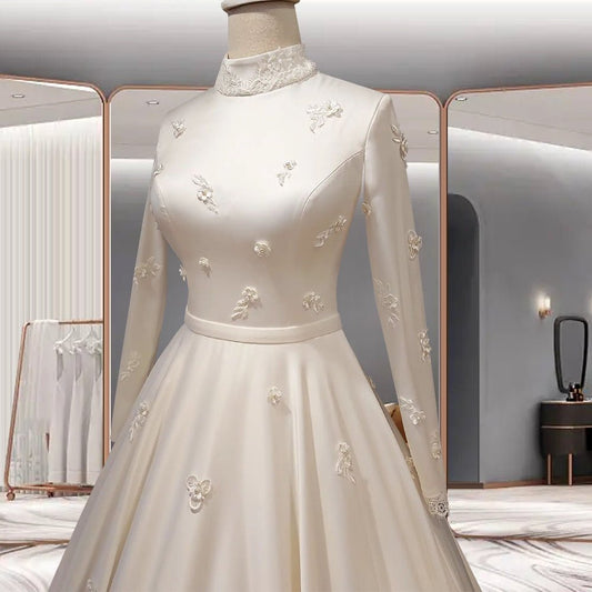 Women's Fashion Temperament Satin Stand - up Collar Long - sleeved Wedding Dresses - PratSN