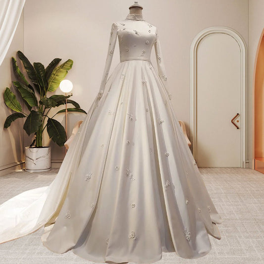 Women's Fashion Temperament Satin Stand - up Collar Long - sleeved Wedding Dresses - PratSN