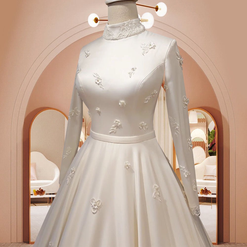 Women's Fashion Temperament Satin Stand - up Collar Long - sleeved Wedding Dresses - PratSN