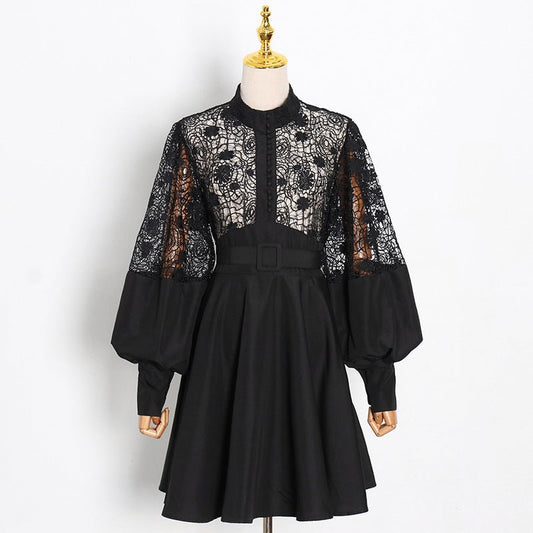 Women's Fashion Temperament Stand Collar Lantern Sleeve Design Sexy Lace Perspective Short Dress - PratSN