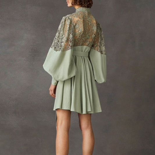 Women's Fashion Temperament Stand Collar Lantern Sleeve Design Sexy Lace Perspective Short Dress - PratSN