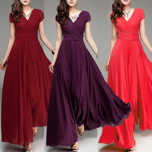 Women's Fashion V Neck Short Sleeve Evening Party Dress Temperament Solid Color Long Cocktail Chiffon High Waist Summer Dresses - PratSN