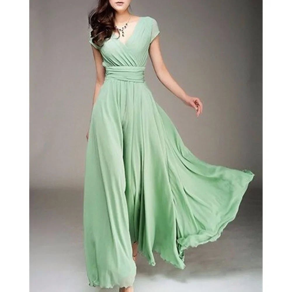 Women's Fashion V Neck Short Sleeve Evening Party Dress Temperament Solid Color Long Cocktail Chiffon High Waist Summer Dresses - PratSN