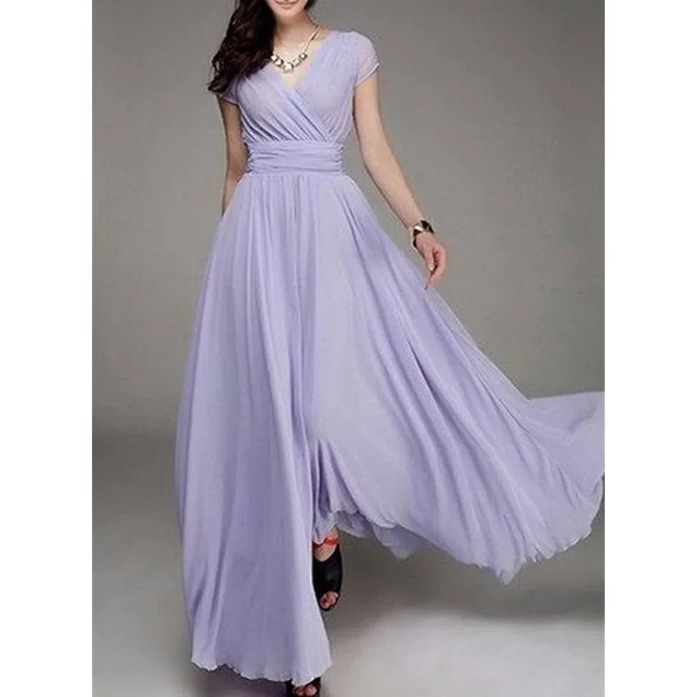 Women's Fashion V Neck Short Sleeve Evening Party Dress Temperament Solid Color Long Cocktail Chiffon High Waist Summer Dresses - PratSN