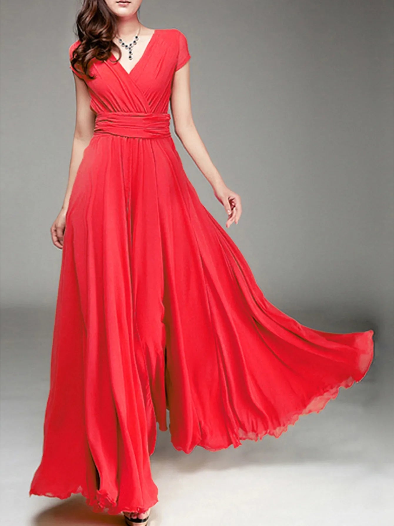 Women's Fashion V Neck Short Sleeve Evening Party Dress Temperament Solid Color Long Cocktail Chiffon High Waist Summer Dresses - PratSN