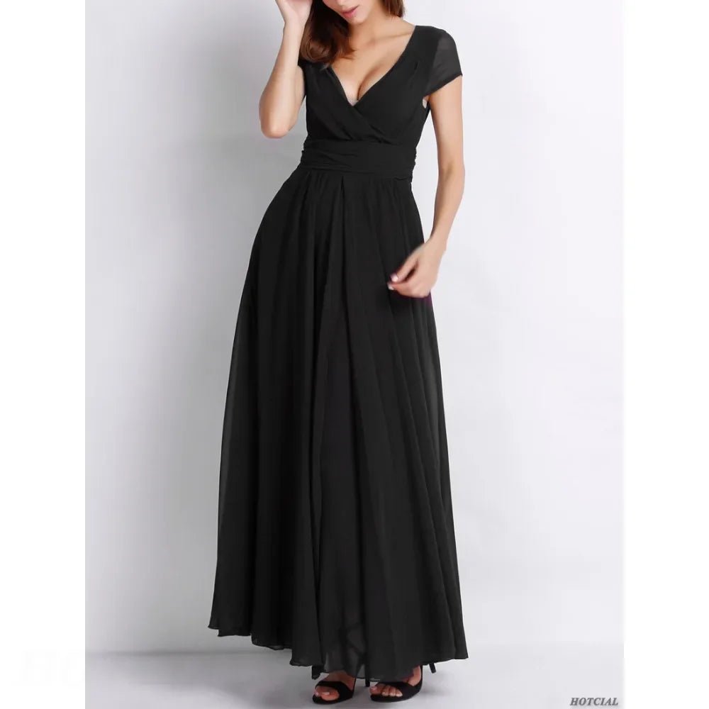 Women's Fashion V Neck Short Sleeve Evening Party Dress Temperament Solid Color Long Cocktail Chiffon High Waist Summer Dresses - PratSN