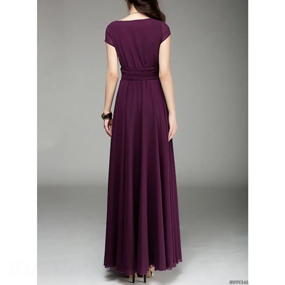 Women's Fashion V Neck Short Sleeve Evening Party Dress Temperament Solid Color Long Cocktail Chiffon High Waist Summer Dresses - PratSN