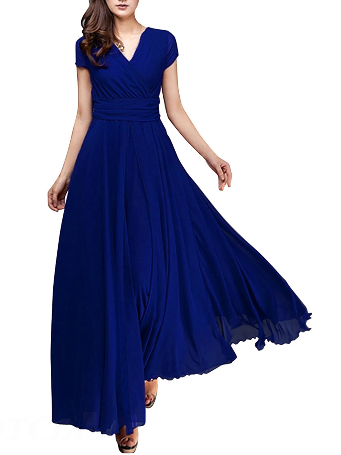 Women's Fashion V Neck Short Sleeve Evening Party Dress Temperament Solid Color Long Cocktail Chiffon High Waist Summer Dresses - PratSN