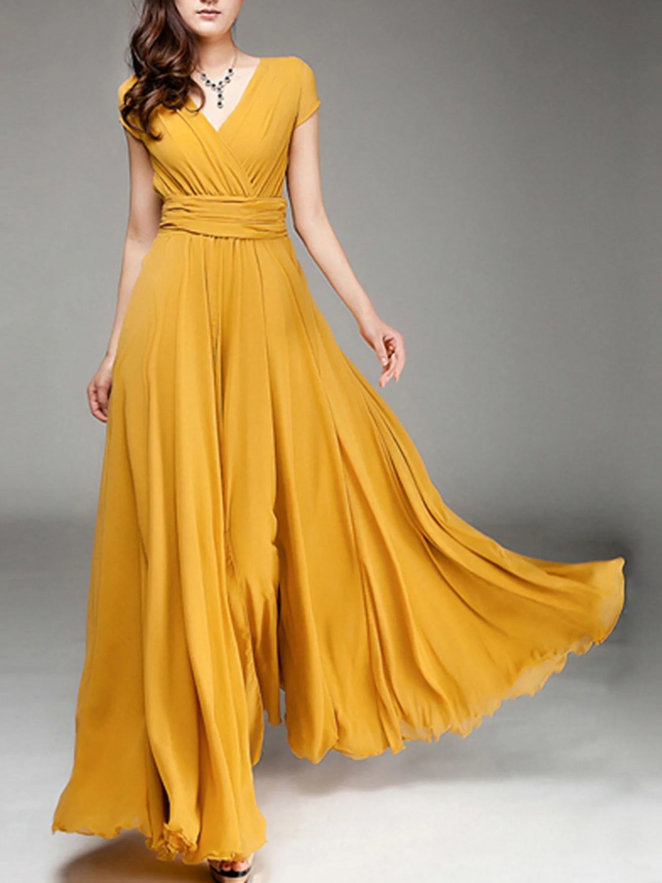 Women's Fashion V Neck Short Sleeve Evening Party Dress Temperament Solid Color Long Cocktail Chiffon High Waist Summer Dresses - PratSN