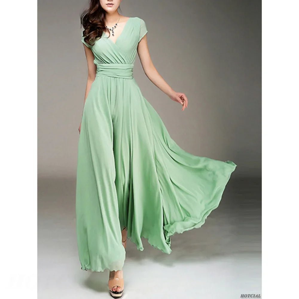 Women's Fashion V Neck Short Sleeve Evening Party Dress Temperament Solid Color Long Cocktail Chiffon High Waist Summer Dresses - PratSN