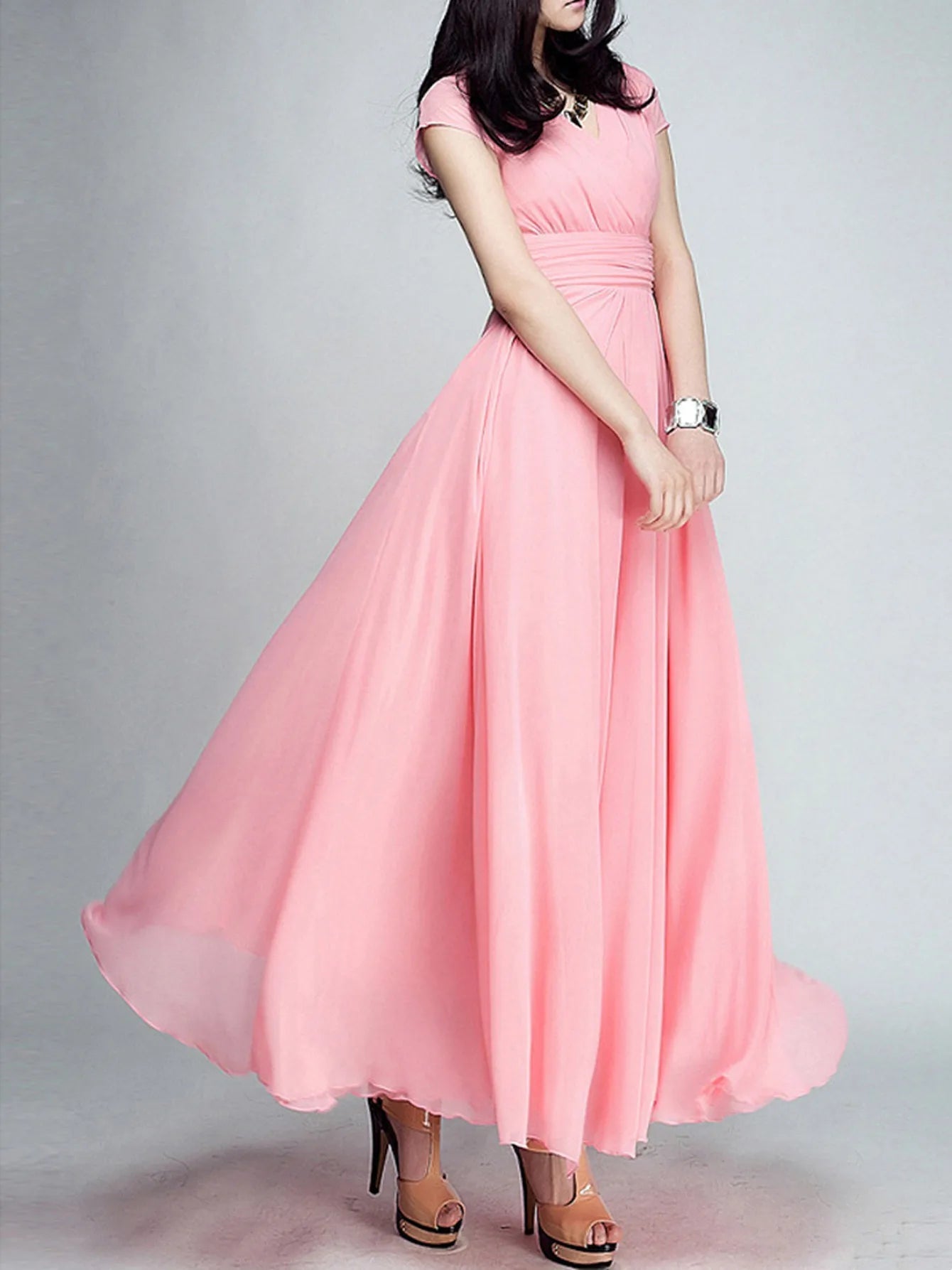 Women's Fashion V Neck Short Sleeve Evening Party Dress Temperament Solid Color Long Cocktail Chiffon High Waist Summer Dresses - PratSN