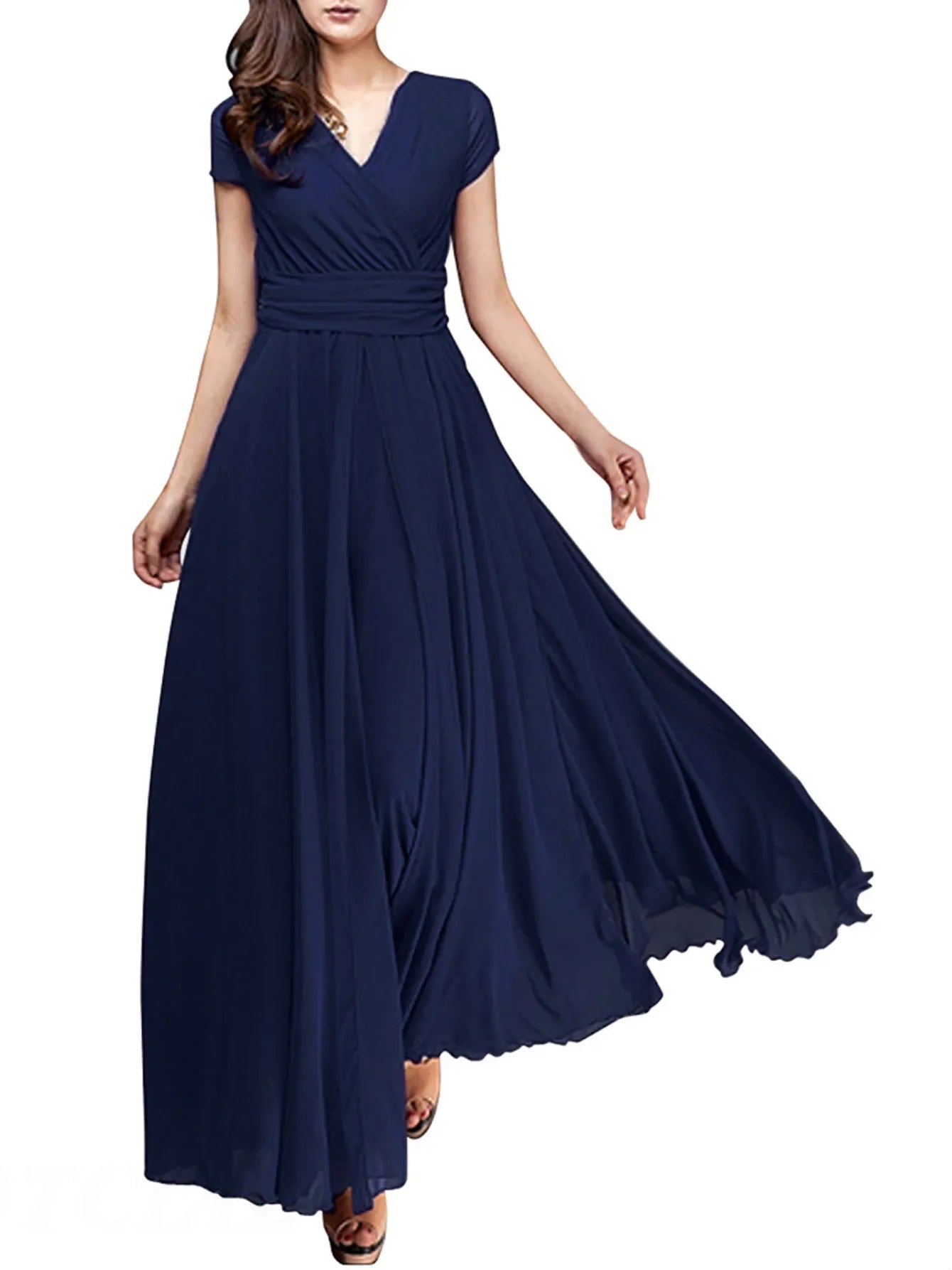 Women's Fashion V Neck Short Sleeve Evening Party Dress Temperament Solid Color Long Cocktail Chiffon High Waist Summer Dresses - PratSN