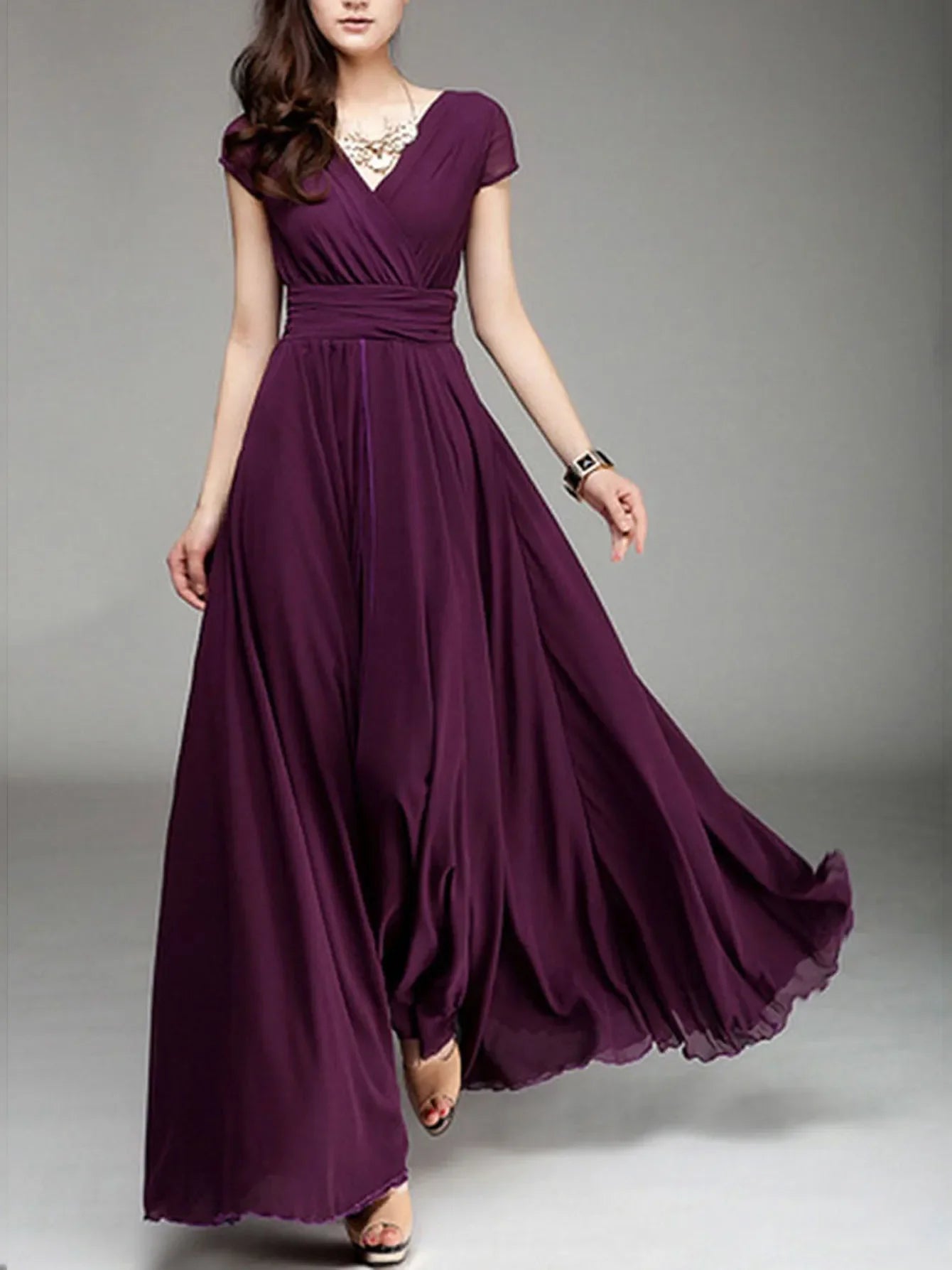 Women's Fashion V Neck Short Sleeve Evening Party Dress Temperament Solid Color Long Cocktail Chiffon High Waist Summer Dresses - PratSN
