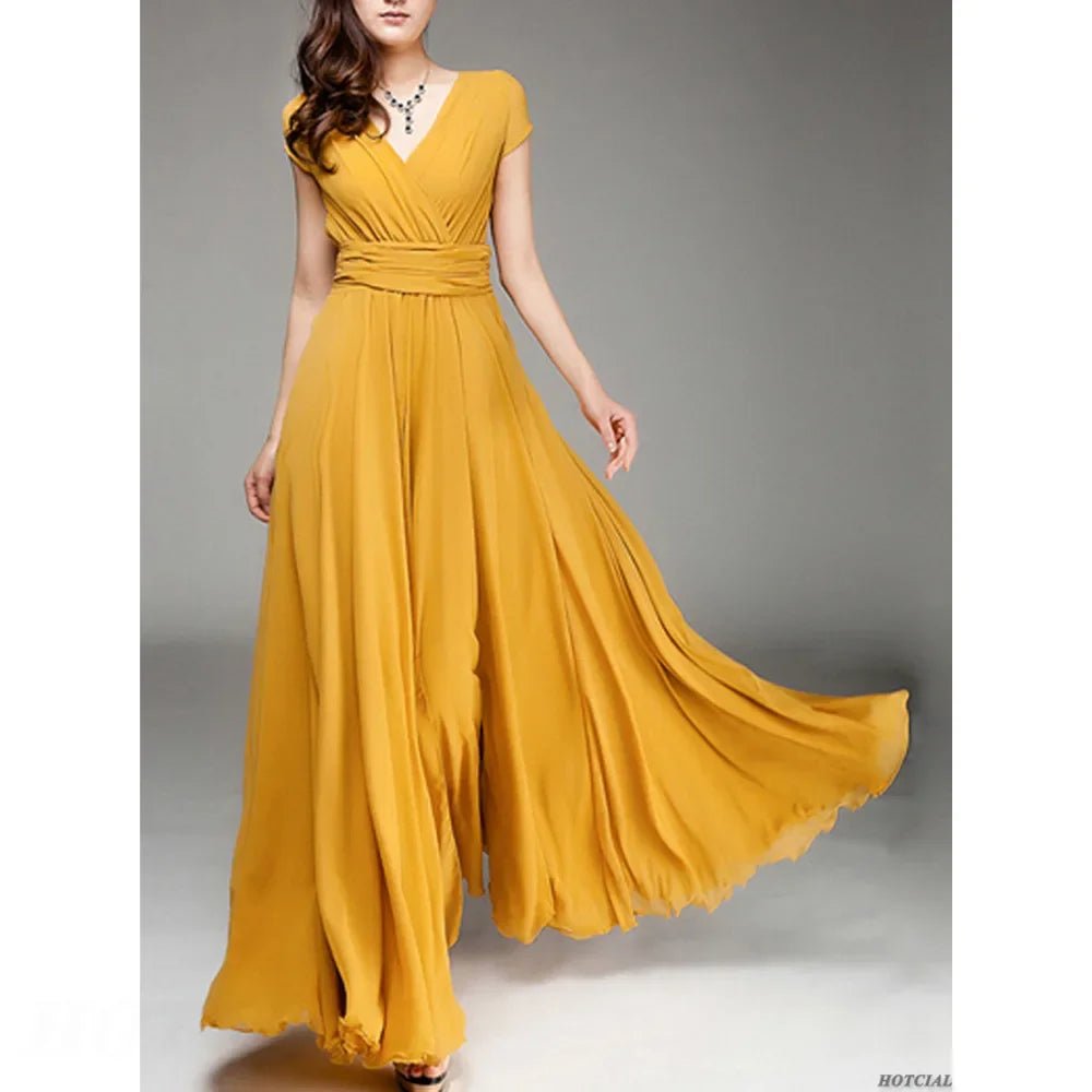 Women's Fashion V Neck Short Sleeve Evening Party Dress Temperament Solid Color Long Cocktail Chiffon High Waist Summer Dresses - PratSN