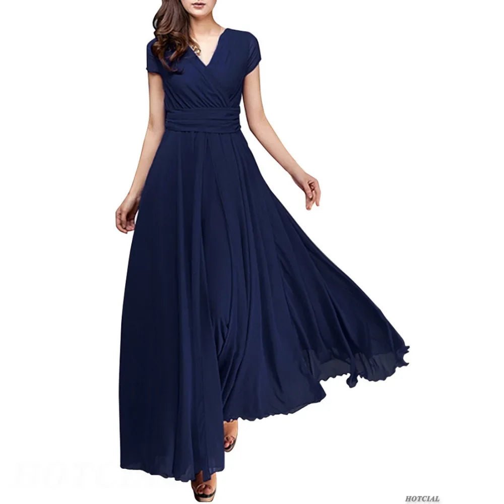 Women's Fashion V Neck Short Sleeve Evening Party Dress Temperament Solid Color Long Cocktail Chiffon High Waist Summer Dresses - PratSN