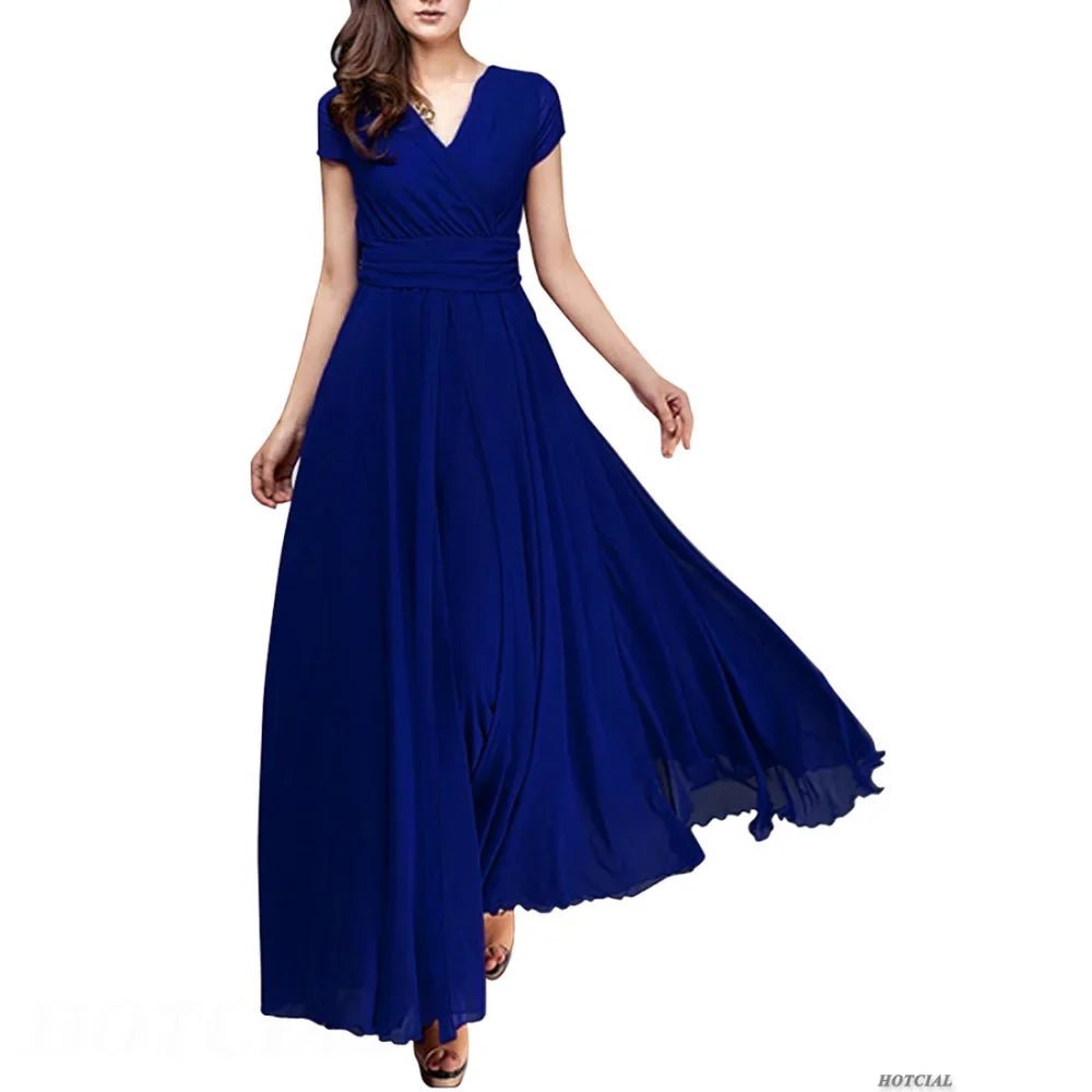 Women's Fashion V Neck Short Sleeve Evening Party Dress Temperament Solid Color Long Cocktail Chiffon High Waist Summer Dresses - PratSN
