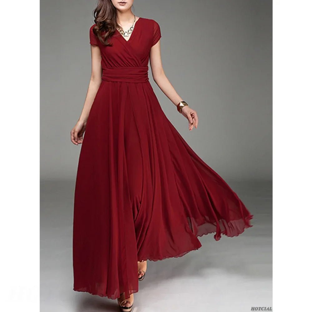 Women's Fashion V Neck Short Sleeve Evening Party Dress Temperament Solid Color Long Cocktail Chiffon High Waist Summer Dresses - PratSN