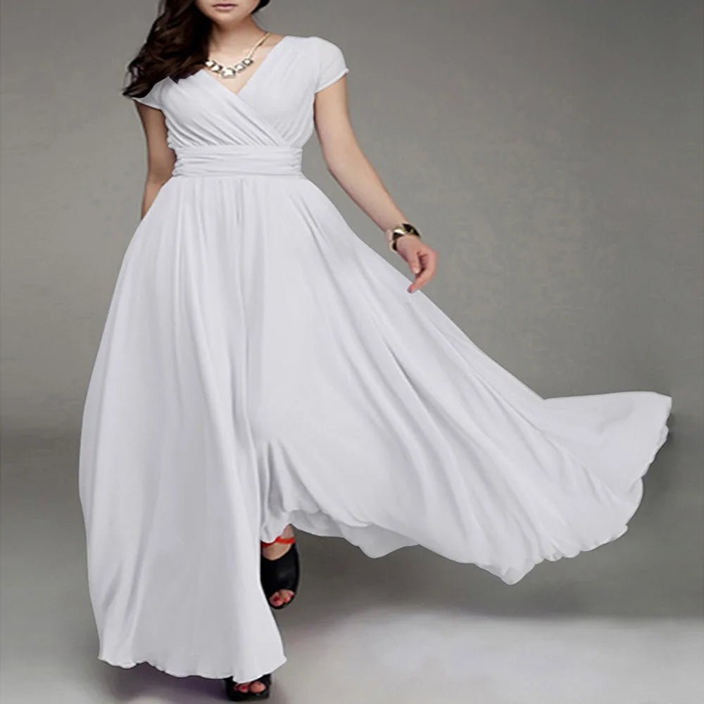 Women's Fashion V Neck Short Sleeve Evening Party Dress Temperament Solid Color Long Cocktail Chiffon High Waist Summer Dresses - PratSN