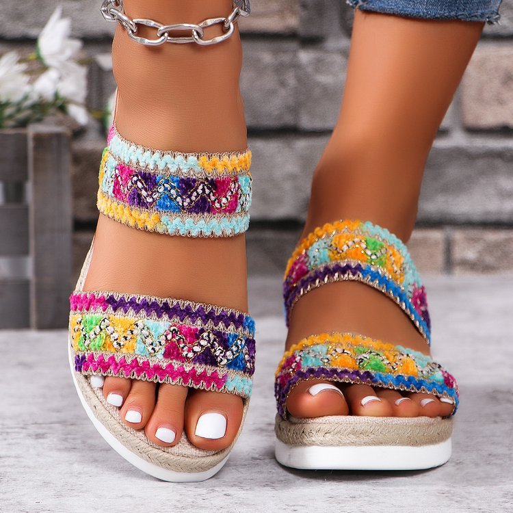 Women's Fashion Wavy Pattern Woven Sandals Summer Casual Ethnic Style Slippers Linen Bottom Wide Strap - PratSN