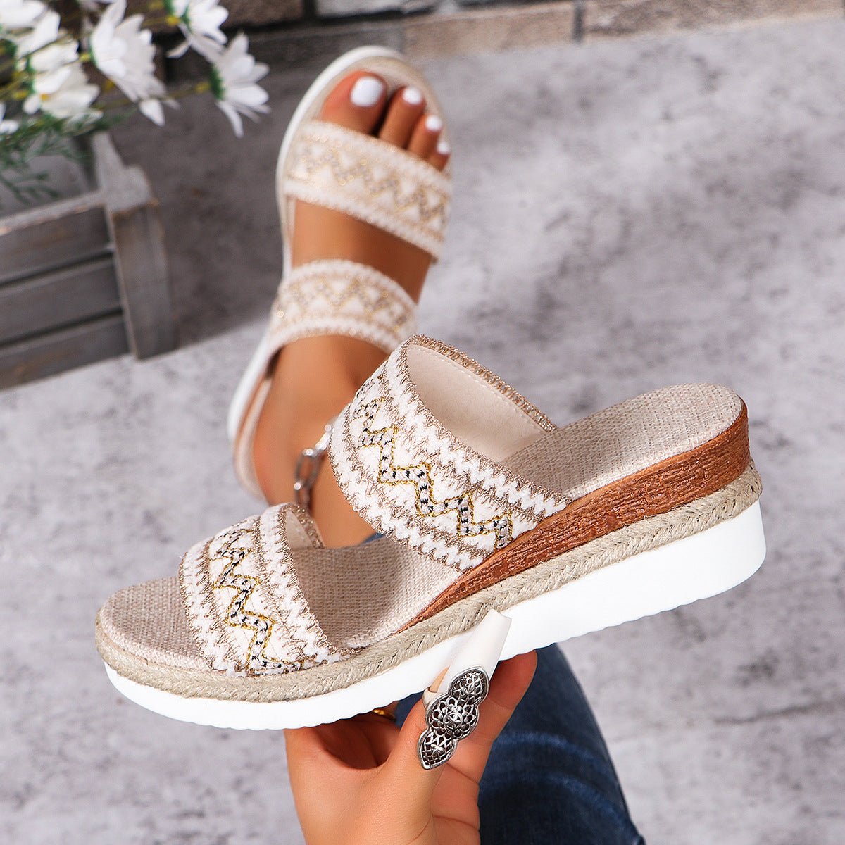 Women's Fashion Wavy Pattern Woven Sandals Summer Casual Ethnic Style Slippers Linen Bottom Wide Strap - PratSN