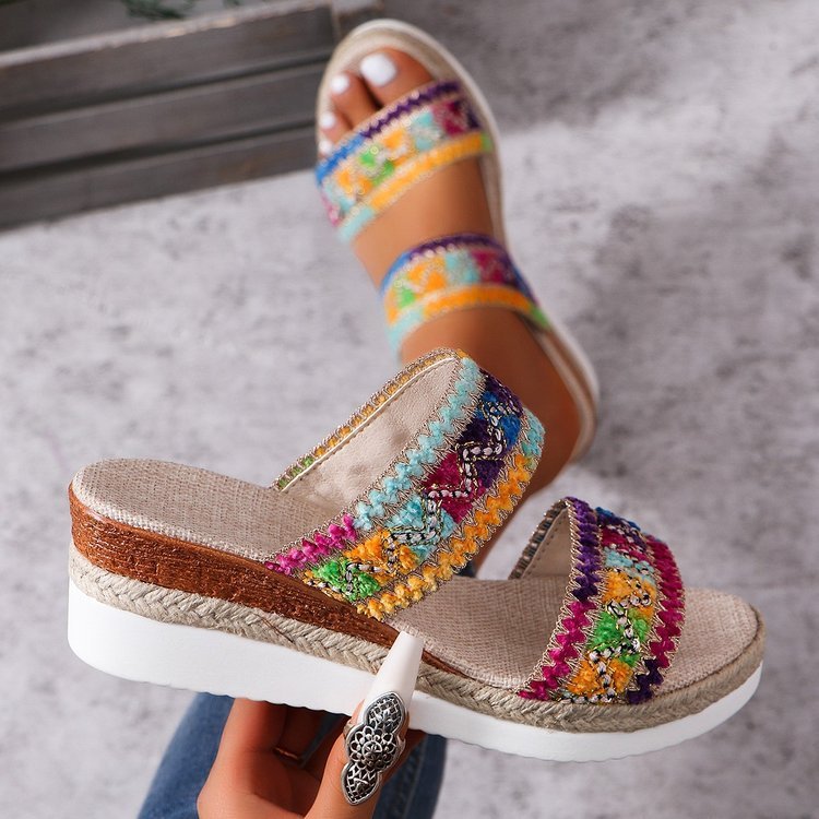 Women's Fashion Wavy Pattern Woven Sandals Summer Casual Ethnic Style Slippers Linen Bottom Wide Strap - PratSN