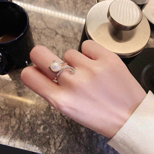 Women's Fashionable Simple And Cute Kitty Pearl Zircon Ring - PratSN