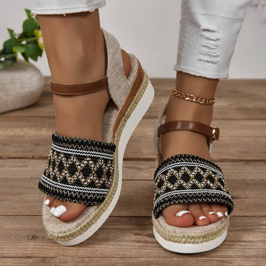 Women's Flat Bottom Wedge Sandals Ankle - strap Buckle - PratSN