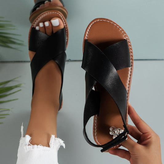 Women's Flat Sandals Retro Style Wide Strap Open Toe - PratSN
