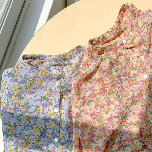Women's Floral Chiffon Top Long Sleeve Shirt - PratSN