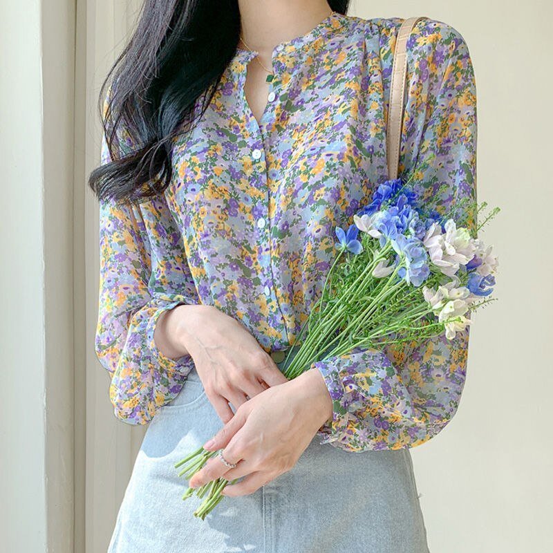Women's Floral Chiffon Top Long Sleeve Shirt - PratSN