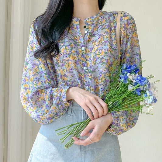 Women's Floral Chiffon Top Long Sleeve Shirt - PratSN