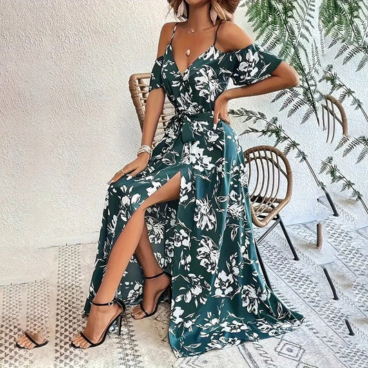 Women's Floral Maxi Dress Cold Shoulder A Line Long Summer Dress - PratSN