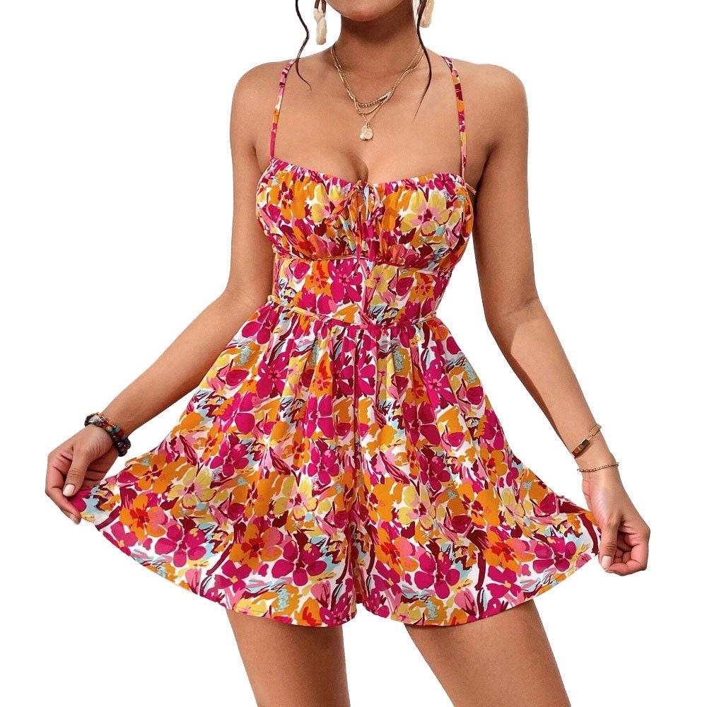 Women's Floral Print Dress Summer Lace - up Back Seaside Holiday Short Dresses - PratSN